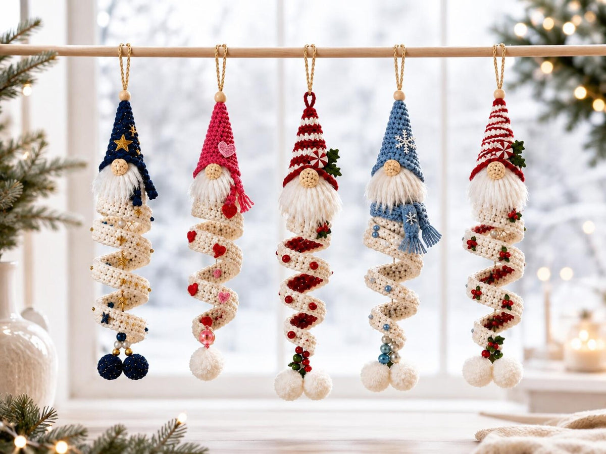 Crochet Christmas Gnome Ornament, Spiral Hanging Nordic Elf Decor, Handmade Holiday Stocking Stuffer, Winter Gift for Her,Friend Gift