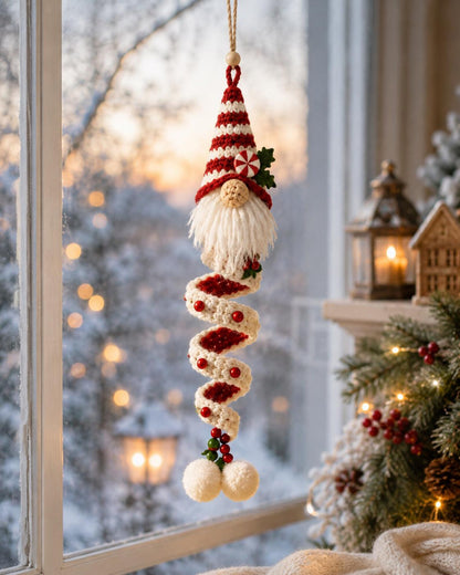 Crochet Christmas Gnome Ornament, Spiral Hanging Nordic Elf Decor, Handmade Holiday Stocking Stuffer, Winter Gift for Her,Friend Gift