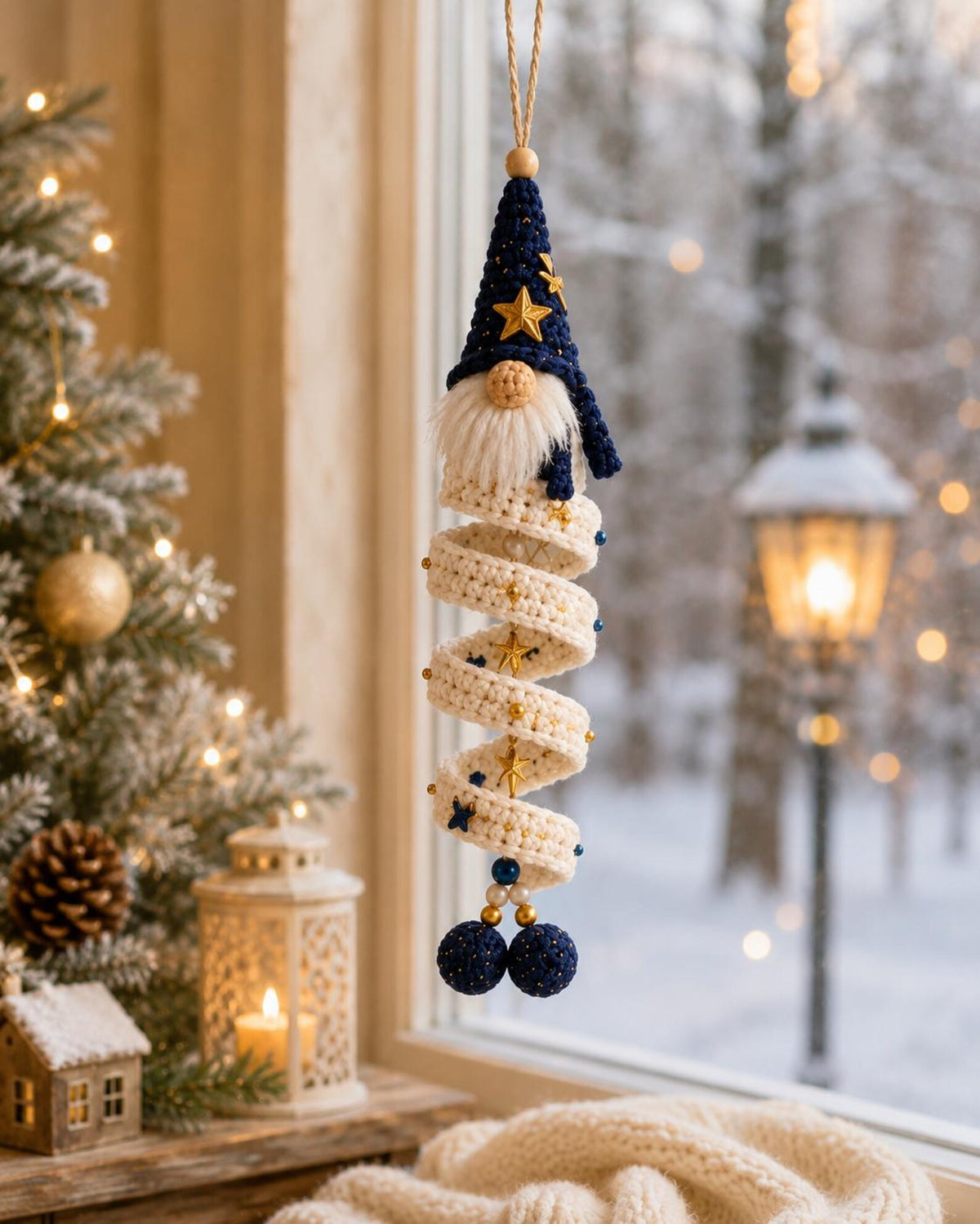 Crochet Christmas Gnome Ornament, Spiral Hanging Nordic Elf Decor, Handmade Holiday Stocking Stuffer, Winter Gift for Her,Friend Gift