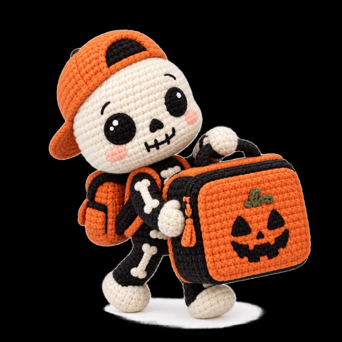 Handmade Crochet Skeleton Plush with Lunchbox, Cute Spooky Amigurumi Toy, 30 cm Soft Halloween Desk Decor and Unique Gift