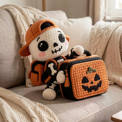 Handmade Crochet Skeleton Plush with Lunchbox, Cute Spooky Amigurumi Toy, 30 cm Soft Halloween Desk Decor and Unique Gift