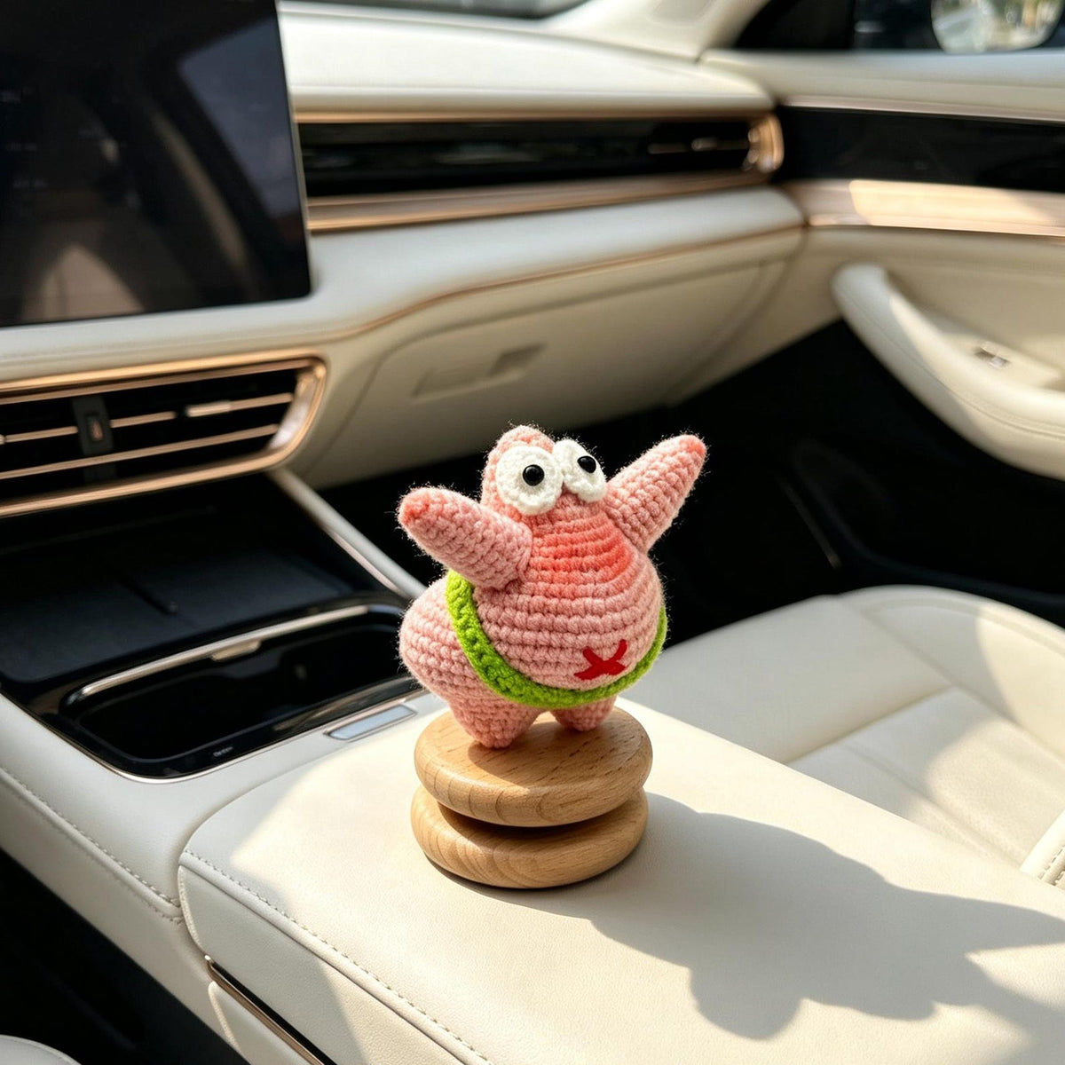 Handmade Crochet Car Figurine Wooden Base Ornament Distinct Handcrafted Trinket for auto interior office home decorative display occasions