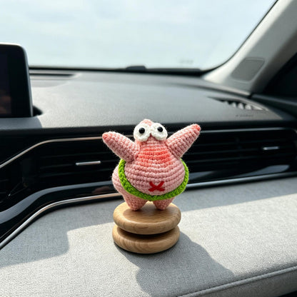Handmade Crochet Car Figurine Wooden Base Ornament Distinct Handcrafted Trinket for auto interior office home decorative display occasions