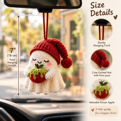 Crochet Ghost Car Charm, Poison Apple Ghost Halloween Car Hanging, Cute Spooky Car Decor, Handmade Fall Car Ornament Gift