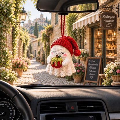 Crochet Ghost Car Charm, Poison Apple Ghost Halloween Car Hanging, Cute Spooky Car Decor, Handmade Fall Car Ornament Gift