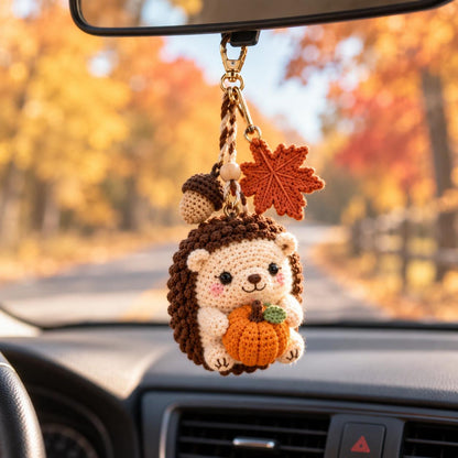 Crochet Hedgehog Keychain, Pumpkin Fall Car Charm, Autumn Rearview Mirror Hanging Ornament, Cute Hedgehog Gift, Thanksgiving Decor