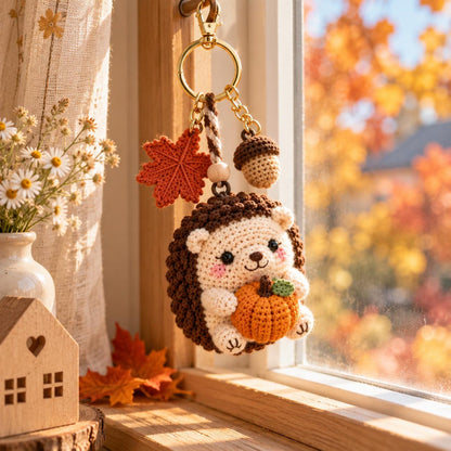 Crochet Hedgehog Keychain, Pumpkin Fall Car Charm, Autumn Rearview Mirror Hanging Ornament, Cute Hedgehog Gift, Thanksgiving Decor
