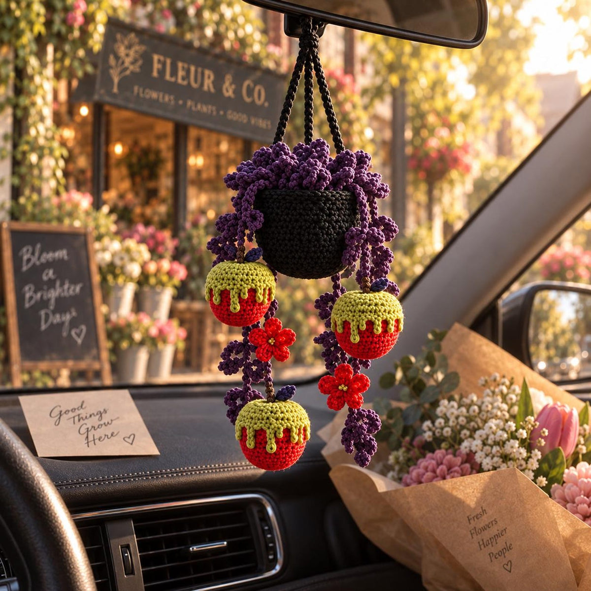 Halloween Crochet Poison Apple Plant Car Hanging, Crochet Spooky Succulent Car Charm, Gothic Car Decor, Cute Car Accessory, Plant Lover Gift