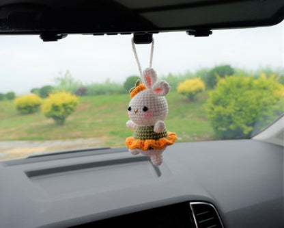 Crochet Bunny Car Hanging Accessories, Crochet Dancing Rabbit Car Interior Decor, Rear View Mirror Charm, Cute Car Accessories for Women