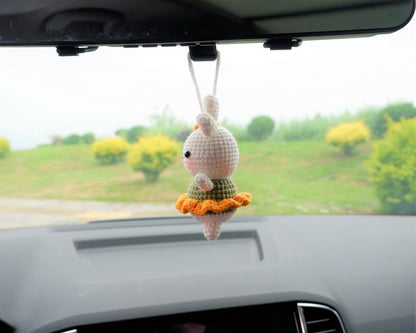 Crochet Bunny Car Hanging Accessories, Crochet Dancing Rabbit Car Interior Decor, Rear View Mirror Charm, Cute Car Accessories for Women