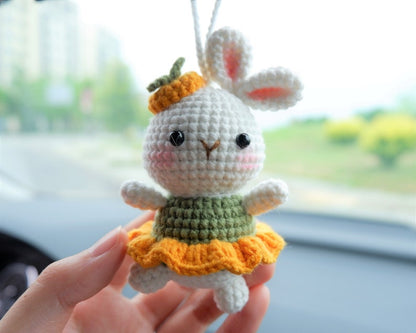 Crochet Bunny Car Hanging Accessories, Crochet Dancing Rabbit Car Interior Decor, Rear View Mirror Charm, Cute Car Accessories for Women