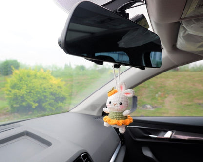 Crochet Bunny Car Hanging Accessories, Crochet Dancing Rabbit Car Interior Decor, Rear View Mirror Charm, Cute Car Accessories for Women