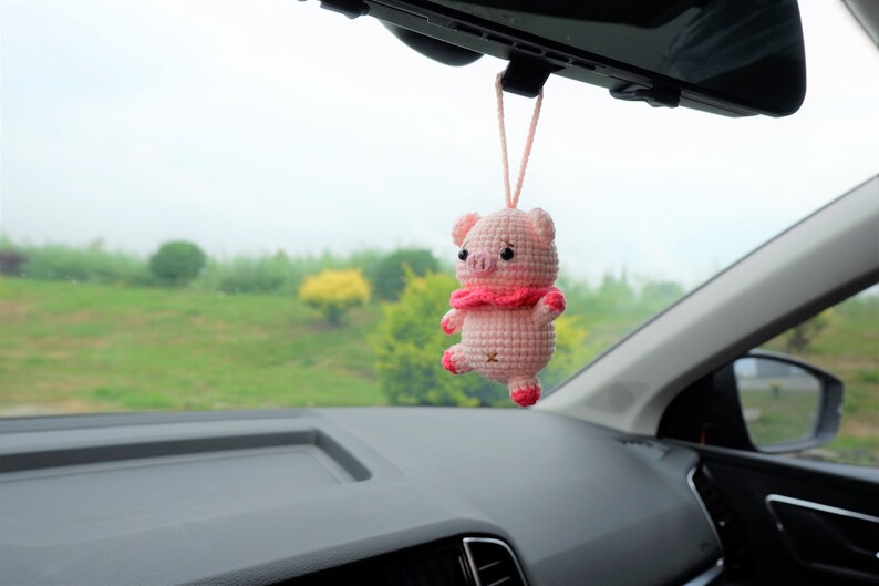 Crochet Pig Car Mirror Hanging, Kawaii Animal Car Accessory