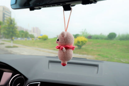 Crochet Pig Car Mirror Hanging, Kawaii Animal Car Accessory