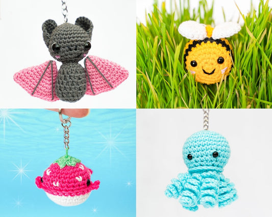 Crochet Keychain Crochet Animals Plush Keychain, Mini Bat, Frog Keychain, Crochet Bee Keychain, Stuffed Animal Keychain for Valentine's Day