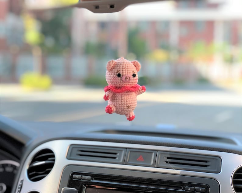Crochet Pig Car Mirror Hanging, Kawaii Animal Car Accessory