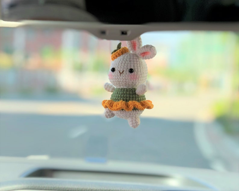 Crochet Bunny Car Hanging Accessories, Crochet Dancing Rabbit Car Interior Decor, Rear View Mirror Charm, Cute Car Accessories for Women