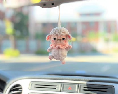 Crochet Dancing Sheep Car Charm, Kawaii Rear View Mirror Accessory