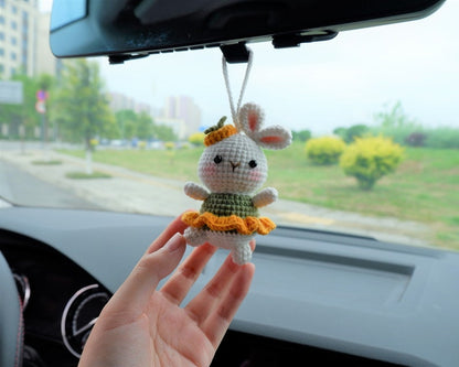 Crochet Bunny Car Hanging Accessories, Crochet Dancing Rabbit Car Interior Decor, Rear View Mirror Charm, Cute Car Accessories for Women