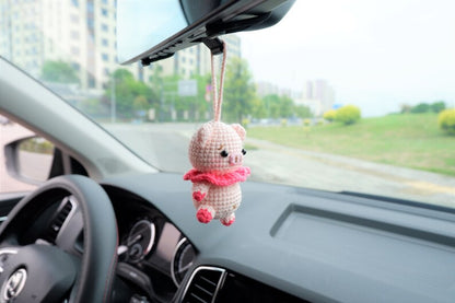 Crochet Pig Car Mirror Hanging, Kawaii Animal Car Accessory