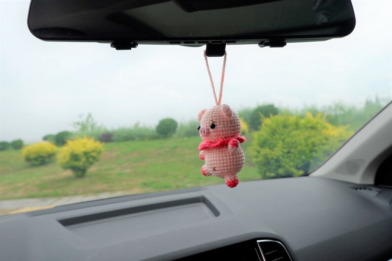 Crochet Pig Car Mirror Hanging, Kawaii Animal Car Accessory