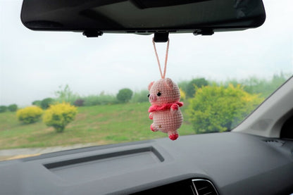 Crochet Pig Car Mirror Hanging, Kawaii Animal Car Accessory