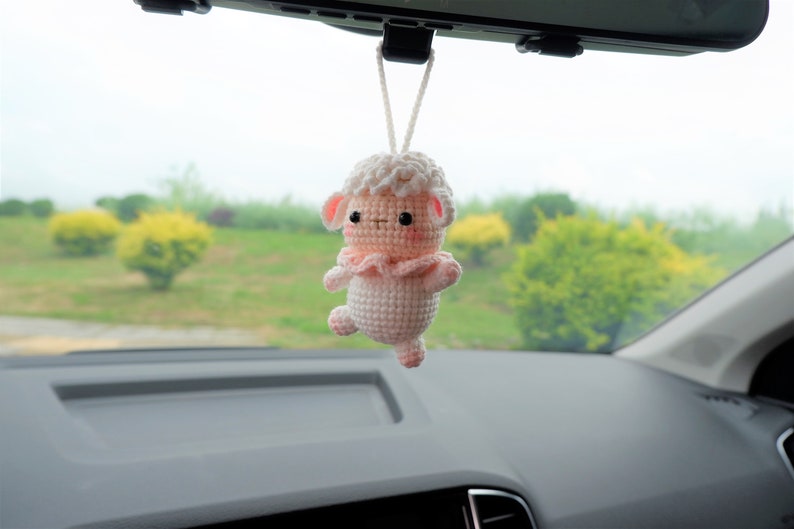 Crochet Dancing Sheep Car Charm, Kawaii Rear View Mirror Accessory