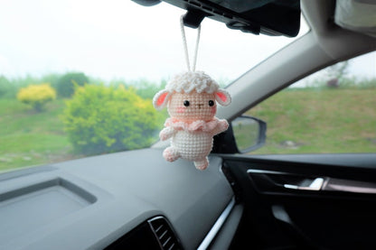 Crochet Dancing Sheep Car Charm, Kawaii Rear View Mirror Accessory