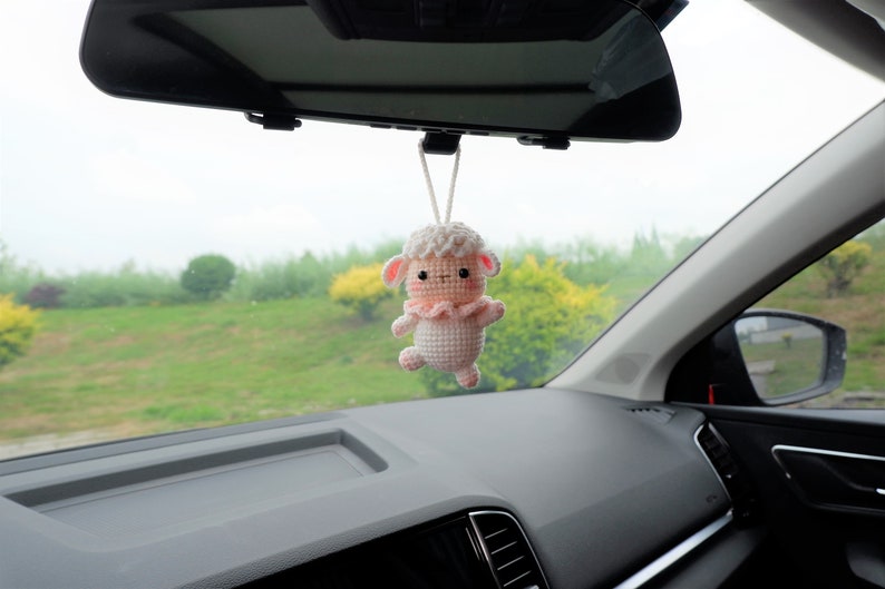 Crochet Dancing Sheep Car Charm, Kawaii Rear View Mirror Accessory