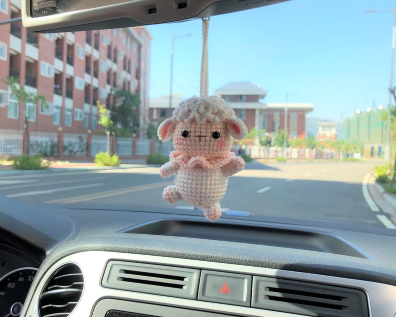 Crochet Dancing Sheep Car Charm, Kawaii Rear View Mirror Accessory