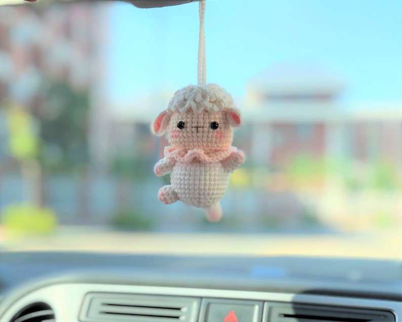 Crochet Dancing Sheep Car Charm, Kawaii Rear View Mirror Accessory