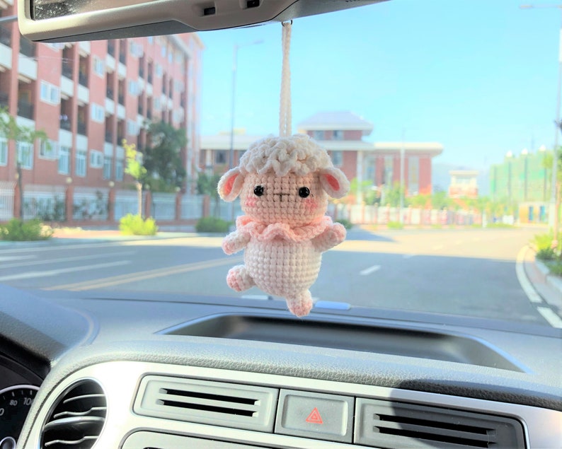 Crochet Dancing Sheep Car Charm, Kawaii Rear View Mirror Accessory