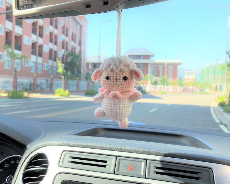 Crochet Dancing Sheep Car Charm, Kawaii Rear View Mirror Accessory