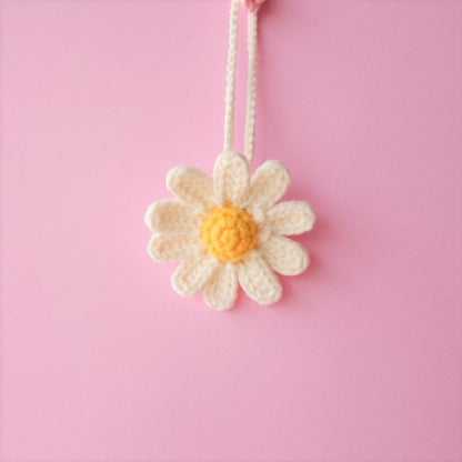 2Pcs Crochet Daisy Car Mirror Hanging Accessory, Boho Rear View Mirror Charm, Girly Car Interior Accessories for Women