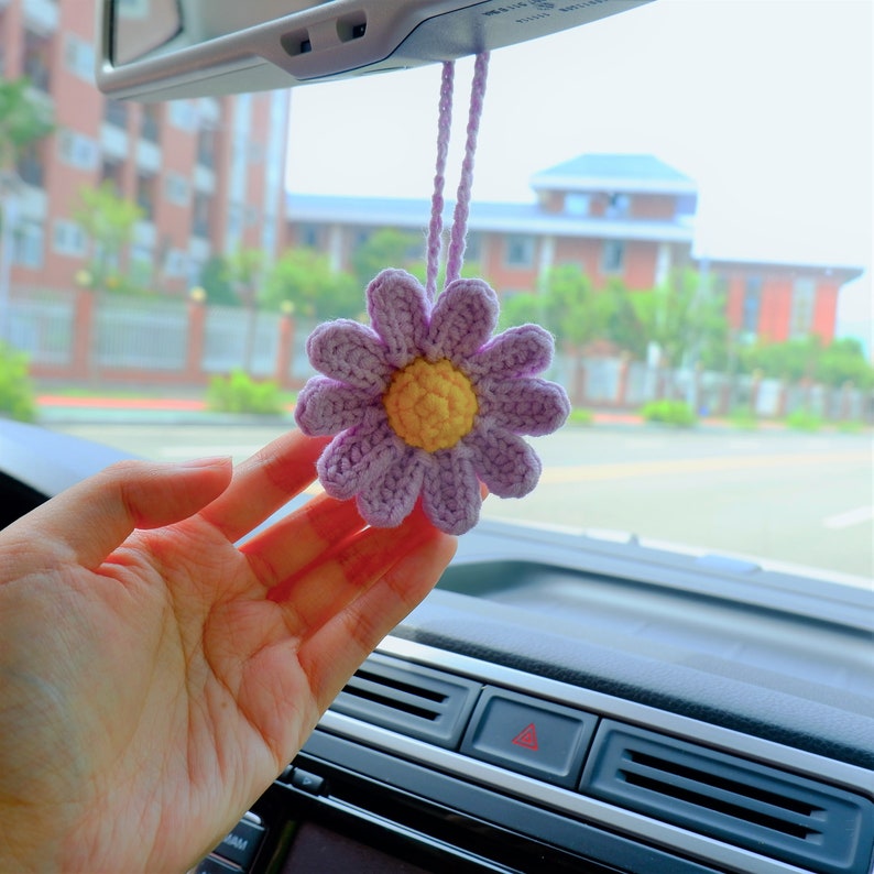 2Pcs Crochet Daisy Car Mirror Hanging Accessory, Boho Rear View Mirror Charm, Girly Car Interior Accessories for Women