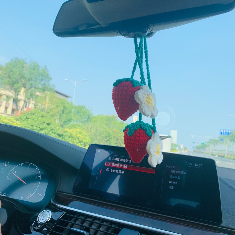 2 Pcs Strawberry Car Mirror Hanging Teens Interior Rear View Mirror Flower Decor Cute Accessories for Women Charm Fruit