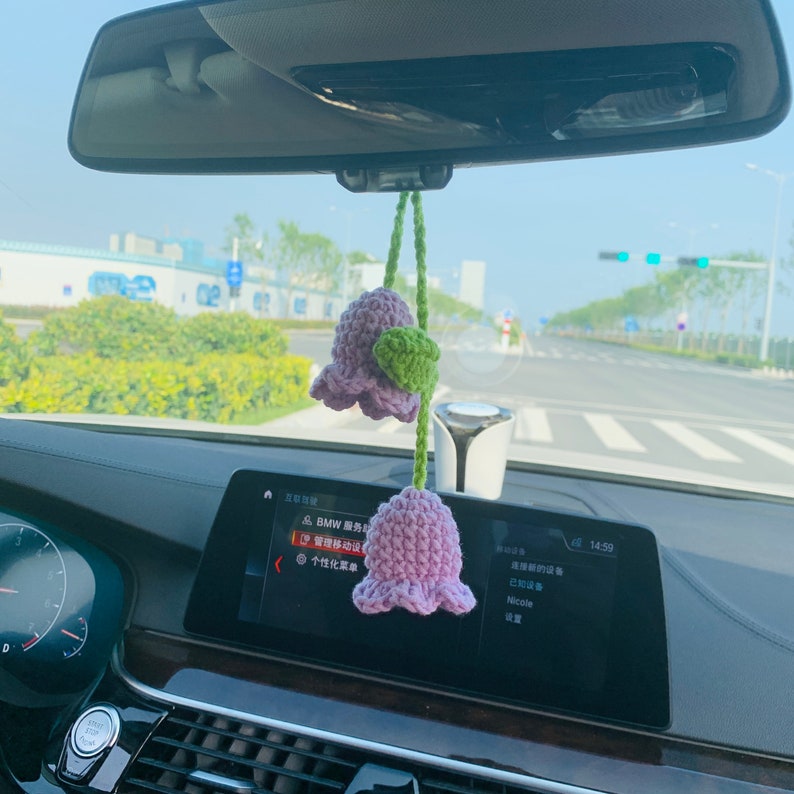 Cute Car Mirror Hanging Campanula Interior Rear View Mirror Flower Car Accessories Crochet Toy for Women