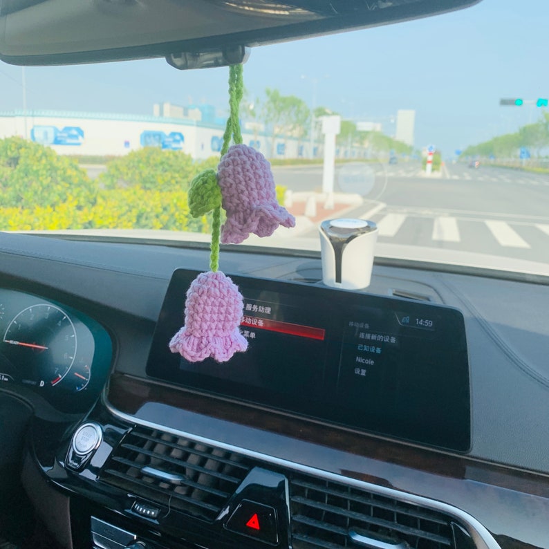 Cute Car Mirror Hanging Campanula Interior Rear View Mirror Flower Car Accessories Crochet Toy for Women