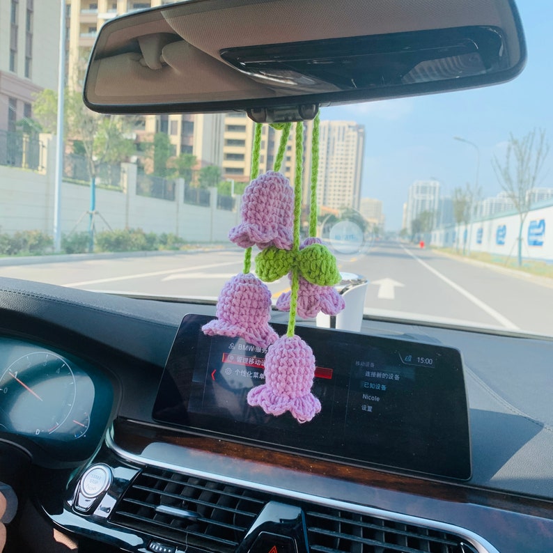 Cute Car Mirror Hanging Campanula Interior Rear View Mirror Flower Car Accessories Crochet Toy for Women