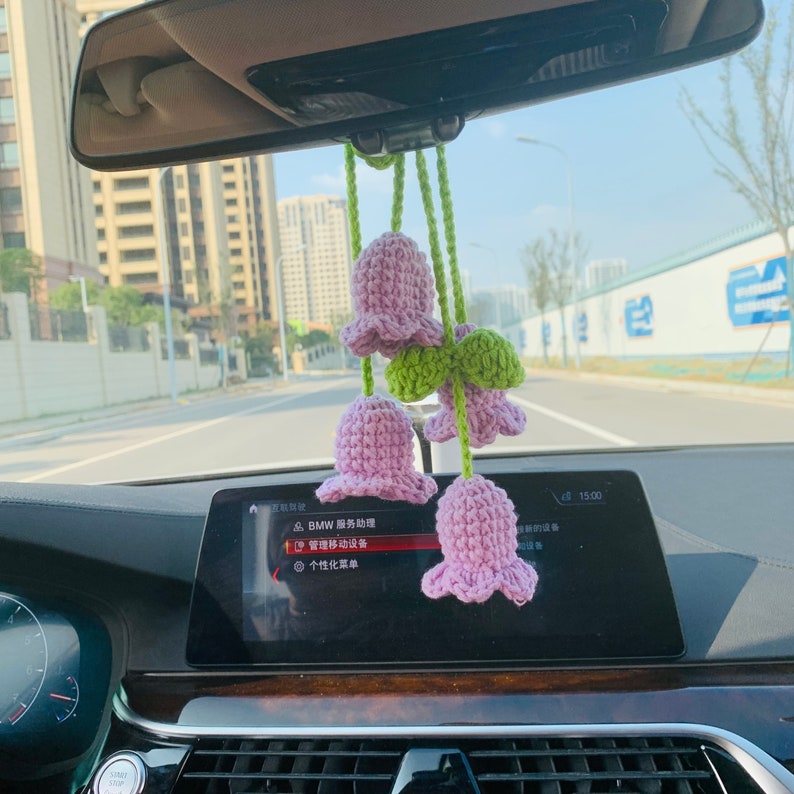 Cute Car Mirror Hanging Campanula Interior Rear View Mirror Flower Car Accessories Crochet Toy for Women