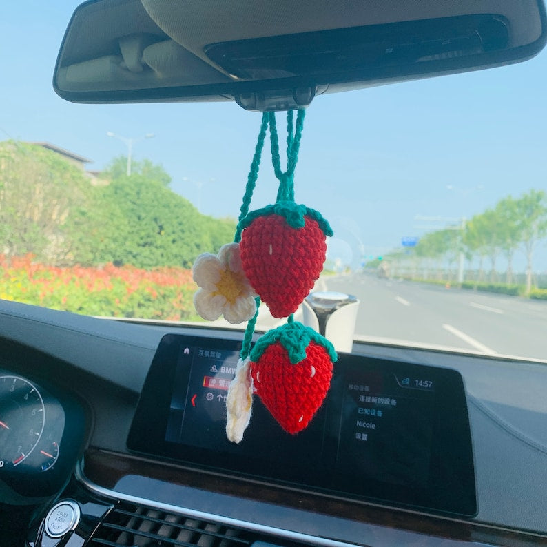 2 Pcs Strawberry Car Mirror Hanging Teens Interior Rear View Mirror Flower Decor Cute Accessories for Women Charm Fruit