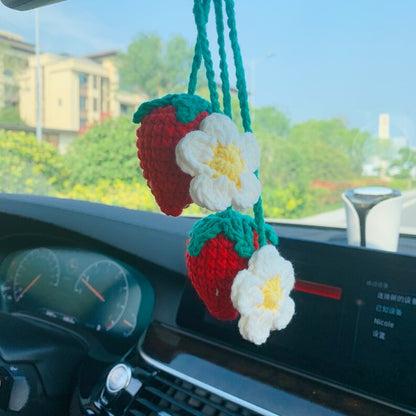 2 Pcs Strawberry Car Mirror Hanging Teens Interior Rear View Mirror Flower Decor Cute Accessories for Women Charm Fruit