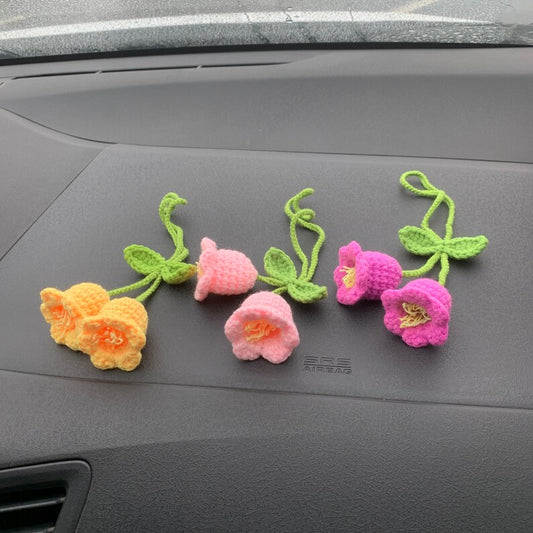 crochet Lily of the valley Car Mirror Hanging Charm Accessories campanula Teens Interior Rear View Mirror Flower Decor for Women