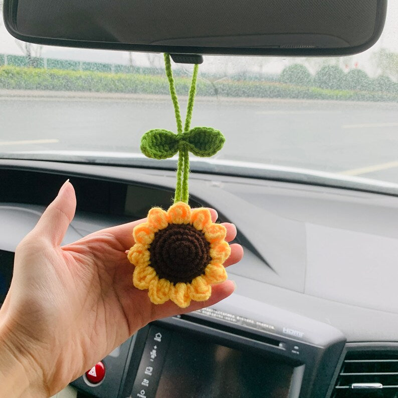 Crochet sunflower Car Mirror Hanging Accessories for Women Teens Interior Rear View Mirror Flower Charm Decor