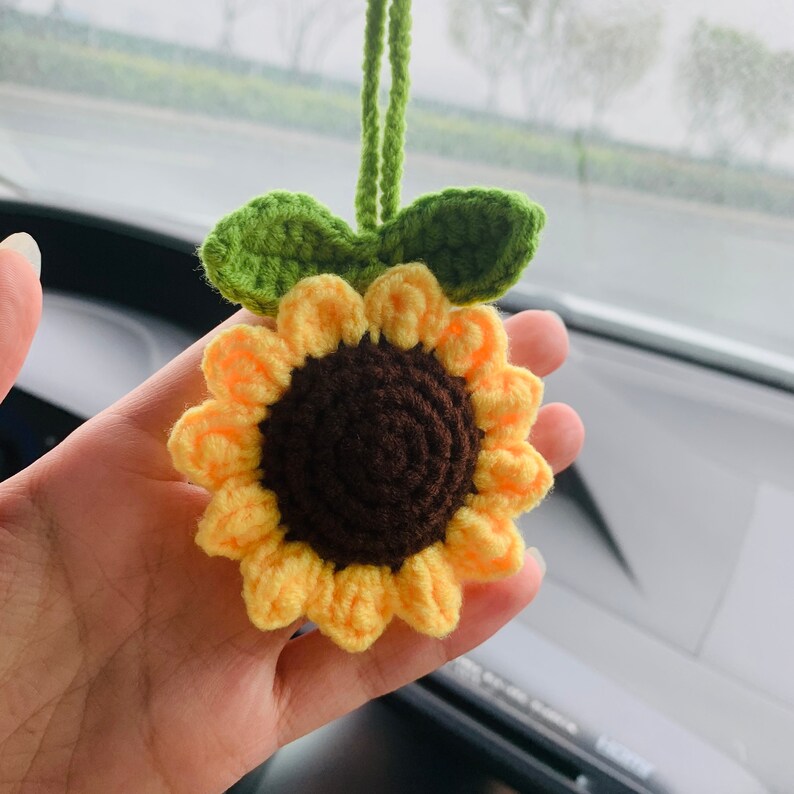 Crochet sunflower Car Mirror Hanging Accessories for Women Teens Interior Rear View Mirror Flower Charm Decor