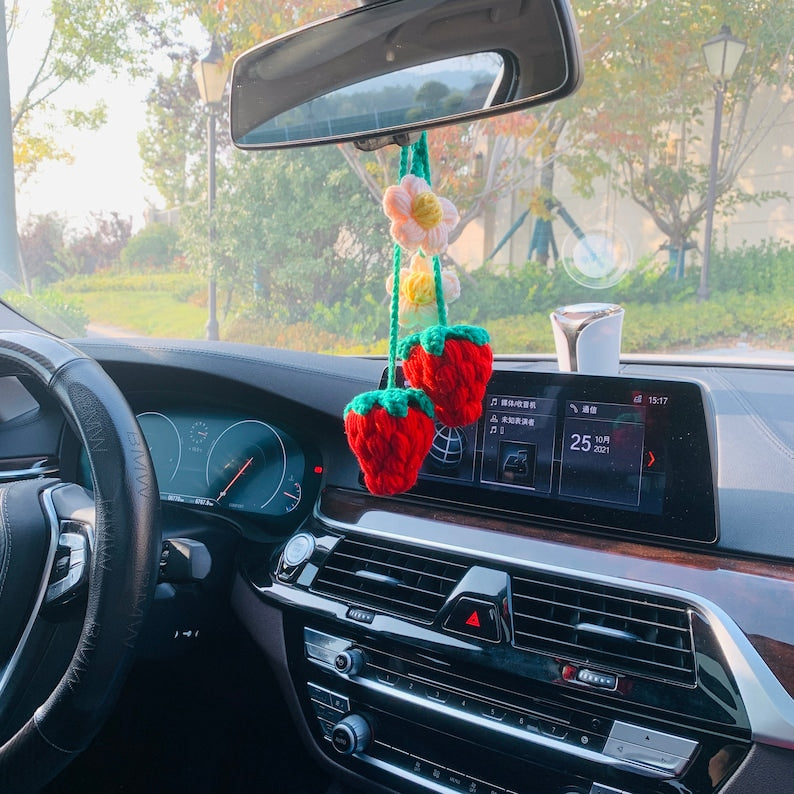 Cute Strawberry kawaii Flower Car Mirror Hanging Charm Fruit Decor Teens Interior Rear View Mirror car Accessories for Women