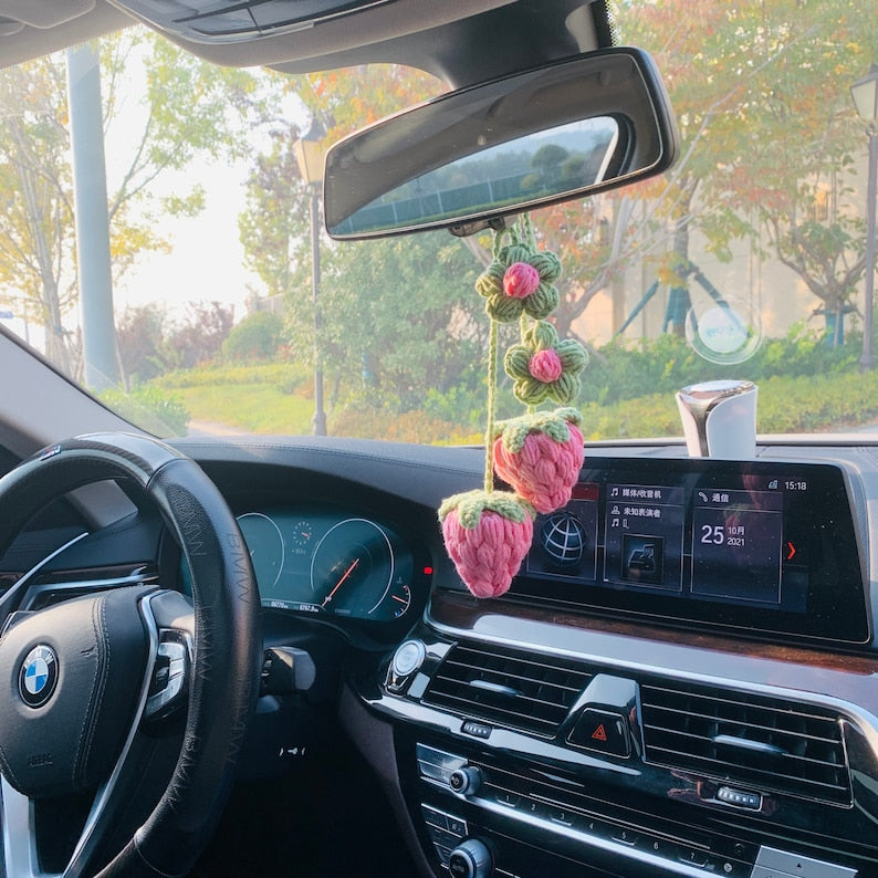 Cute Strawberry kawaii Flower Car Mirror Hanging Charm Fruit Decor Teens Interior Rear View Mirror car Accessories for Women