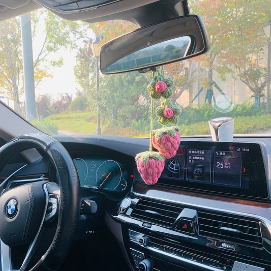 Cute Strawberry kawaii Flower Car Mirror Hanging Charm Fruit Decor Teens Interior Rear View Mirror car Accessories for Women