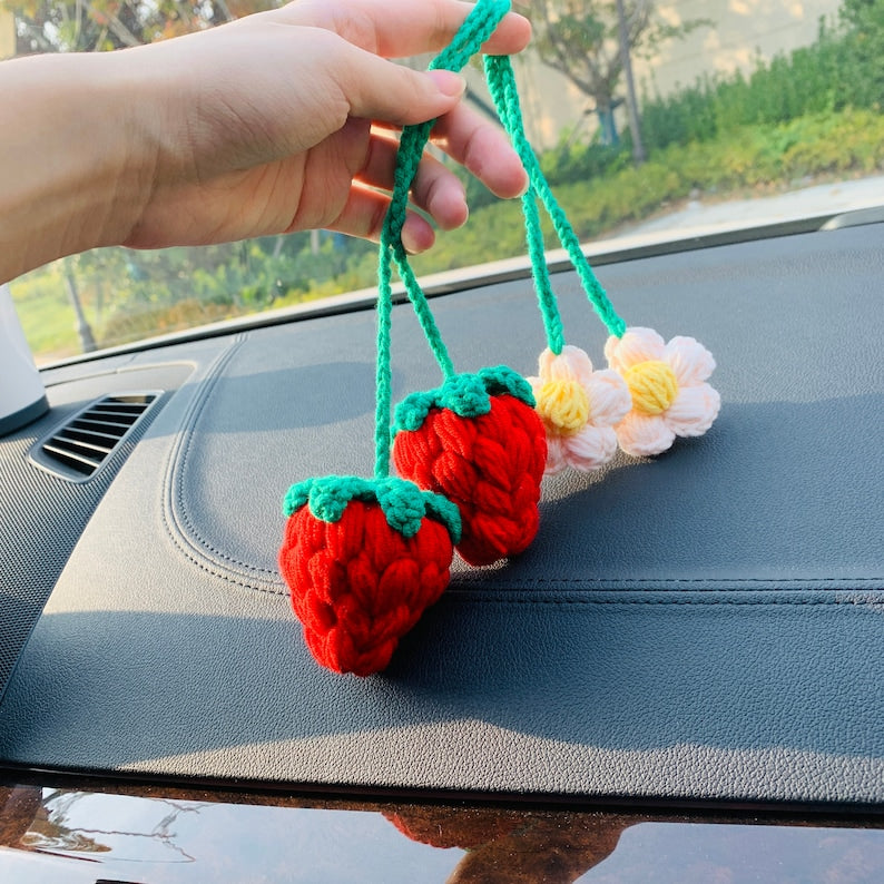 Cute Strawberry kawaii Flower Car Mirror Hanging Charm Fruit Decor Teens Interior Rear View Mirror car Accessories for Women