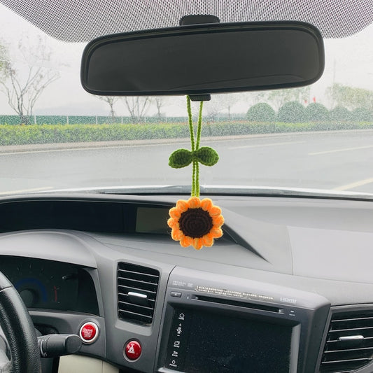 Crochet sunflower Car Mirror Hanging Accessories for Women Teens Interior Rear View Mirror Flower Charm Decor